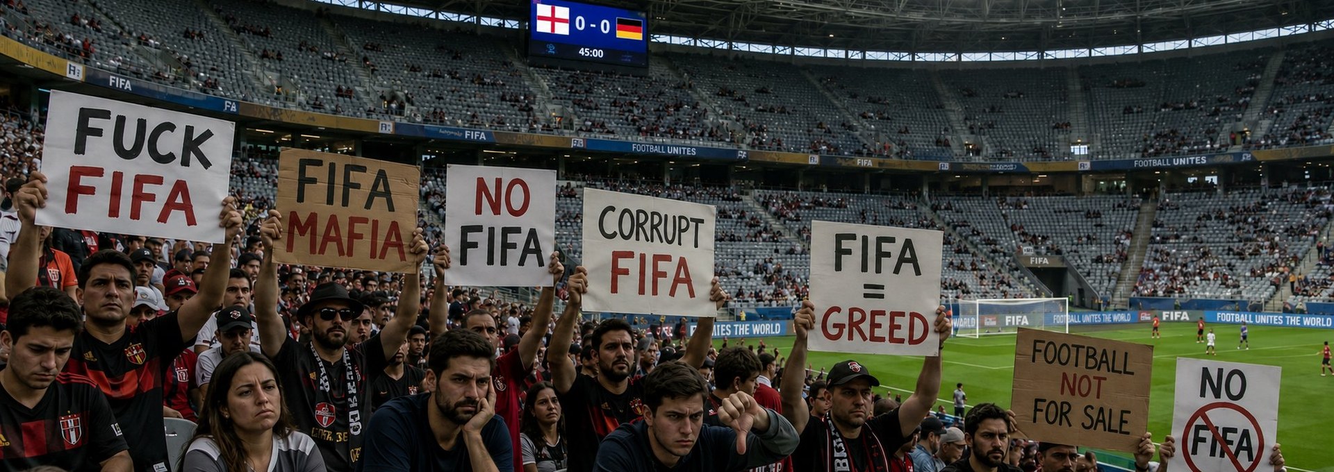 Angry fans in half-empty stadium holding FUCK FIFA protest signs